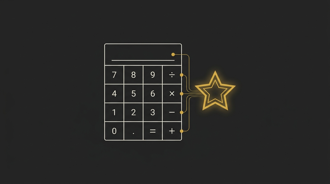 A thin off-white outline of a calculator adjacent to a glowing golden star on charcoal.