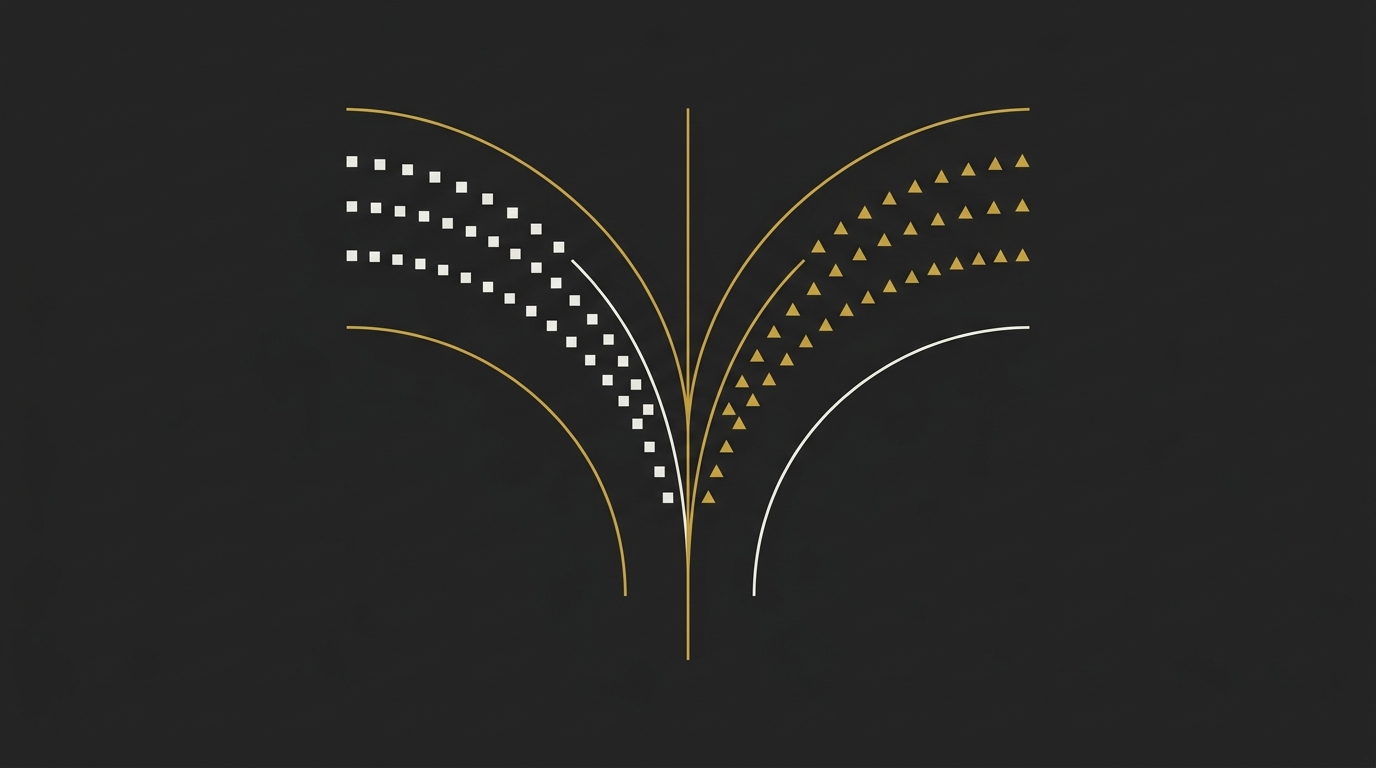 Abstract diagram with golden streams representing input and output tokens flowing against a dark grey background.