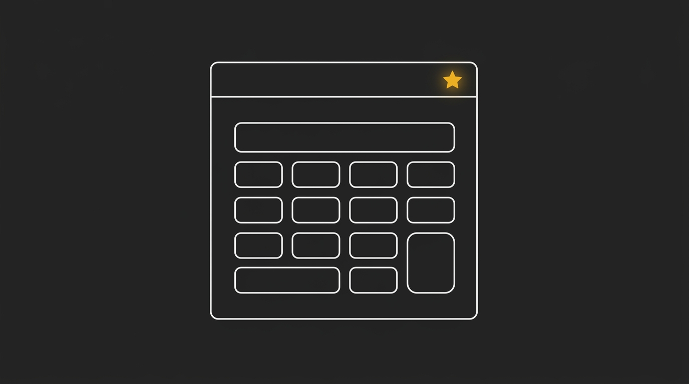 A minimal white wireframe browser frame showing a calculator and a glowing gold bookmark star.