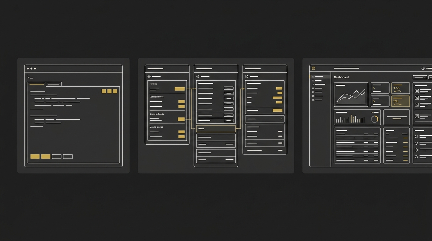 Three minimalist wireframe panels in a row illustrating a terminal command and dashboard metrics.