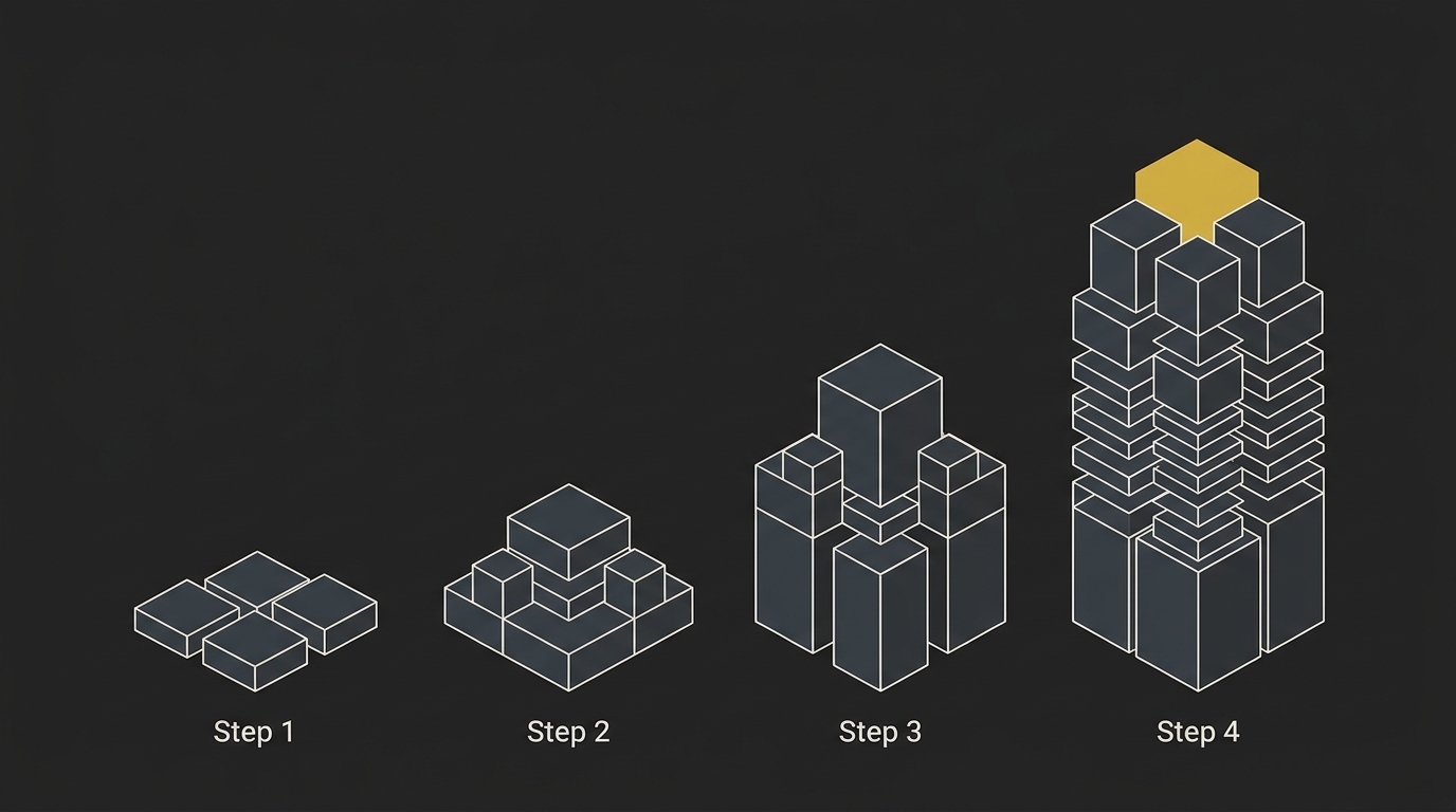 Horizontal bar chart showing four sequential columns growing exponentially larger with gold accents.