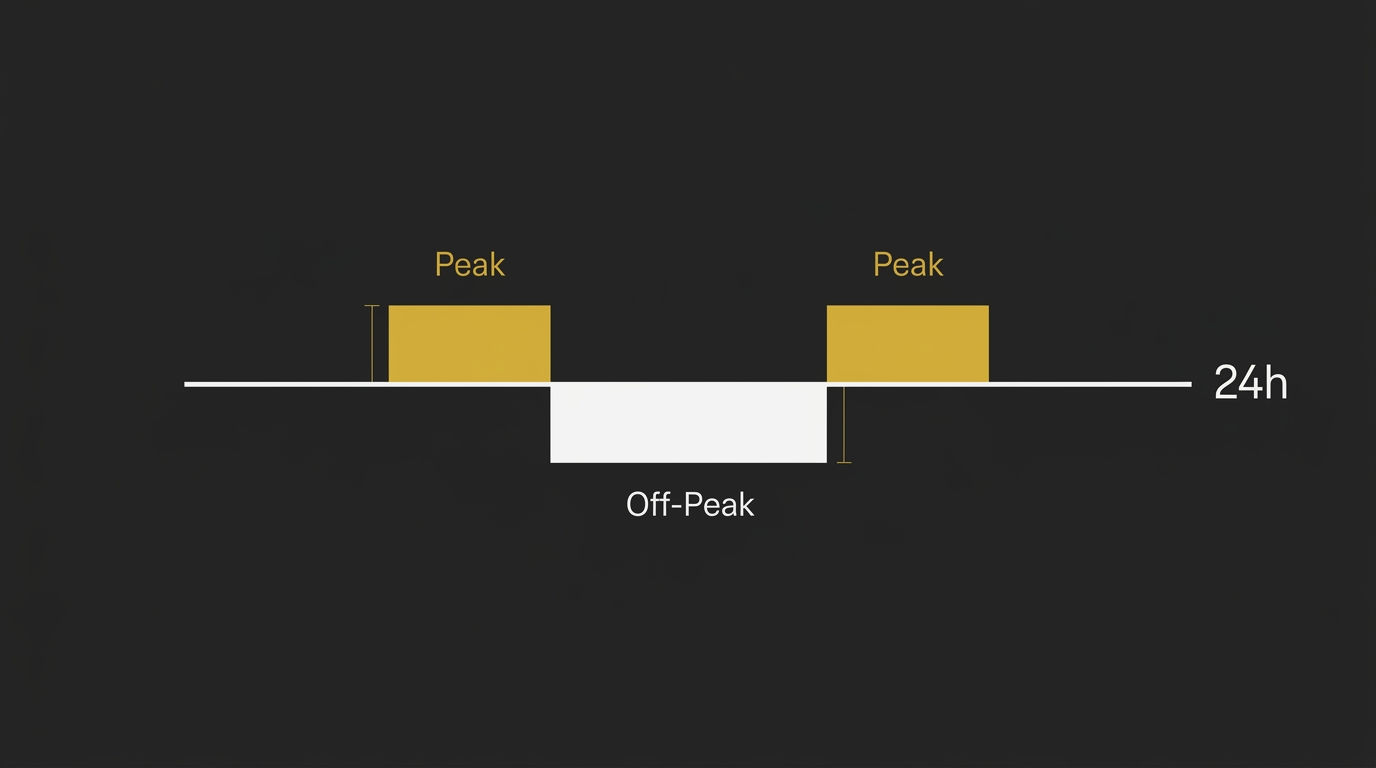 A minimalist timeline graph on dark charcoal showing peak hours as raised gold blocks and off-peak as lower white lines.