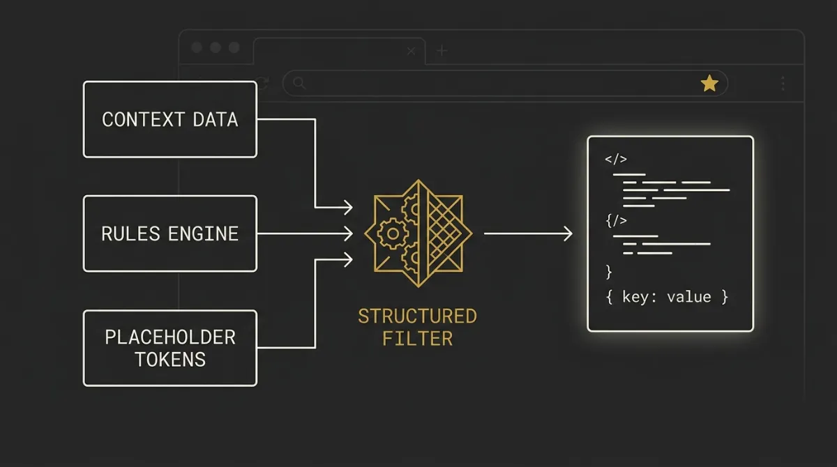 A clean, abstract technical blueprint of an optimized system prompt pipeline running inside a bookmarked browser window