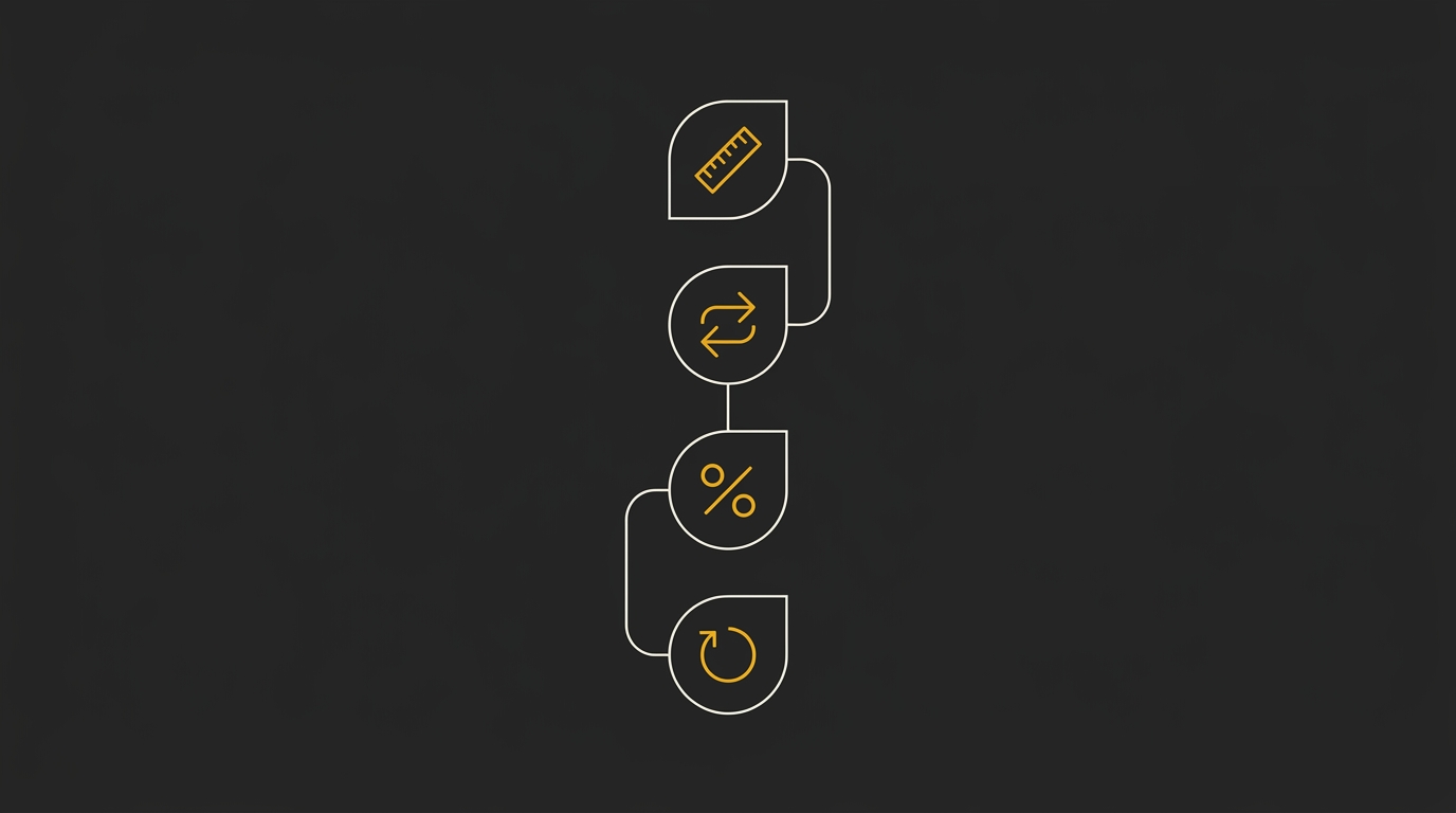 Minimalist four-step infographic chart with gold icons on a dark charcoal background connected by thin lines.