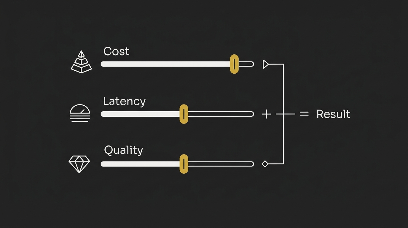 Infographic interface showing three horizontal slider tracks representing Cost, Latency, and Quality in gold.