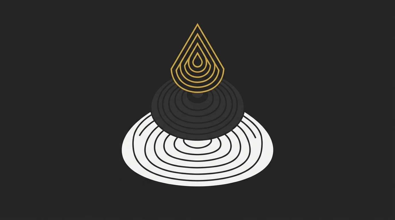 Three nested geometric layers in off-white and gold stacking vertically against a dark gray background.