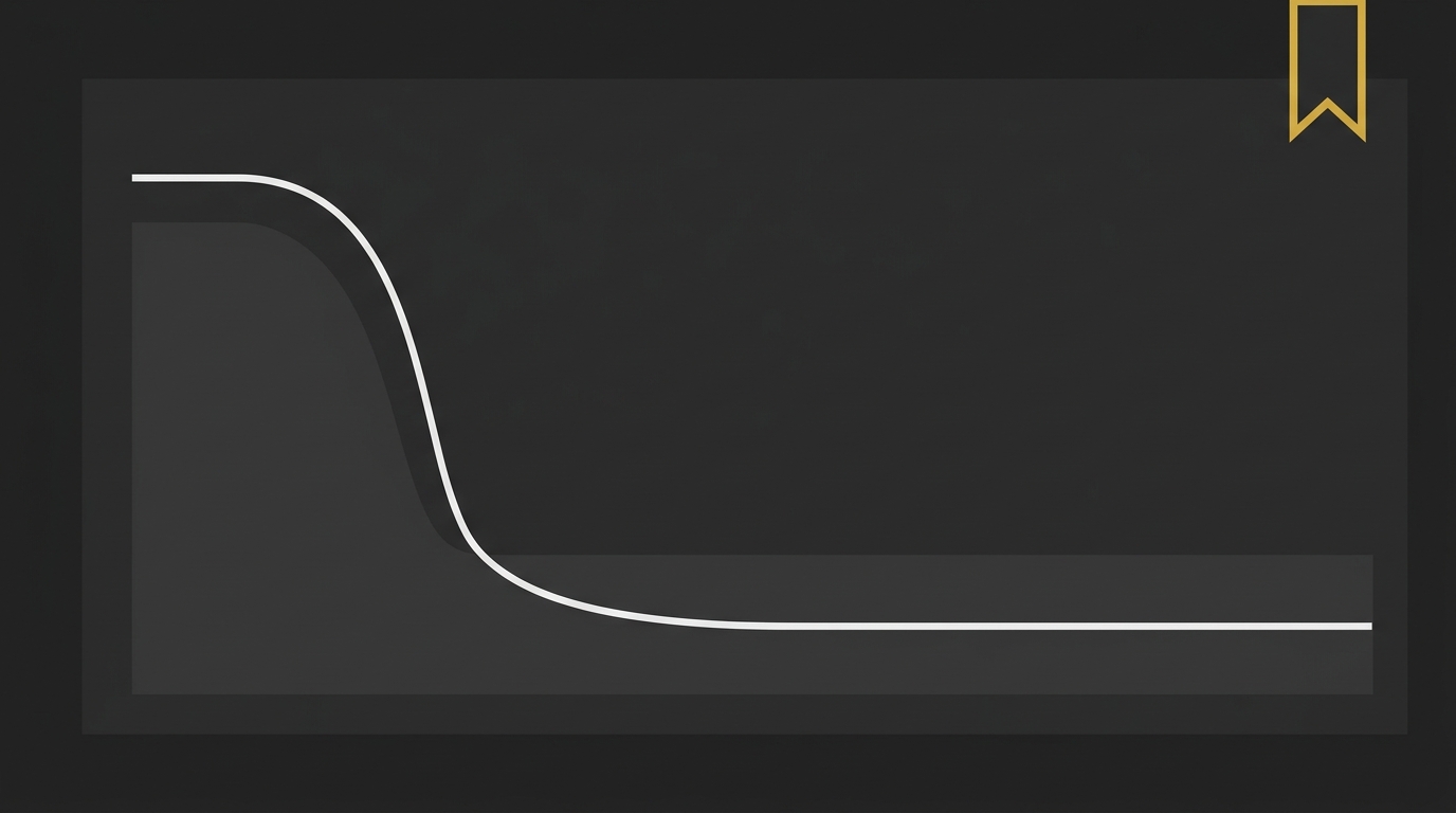 Sleek dark graph showing a downward trending curve highlighted with a glowing gold bookmark motif.