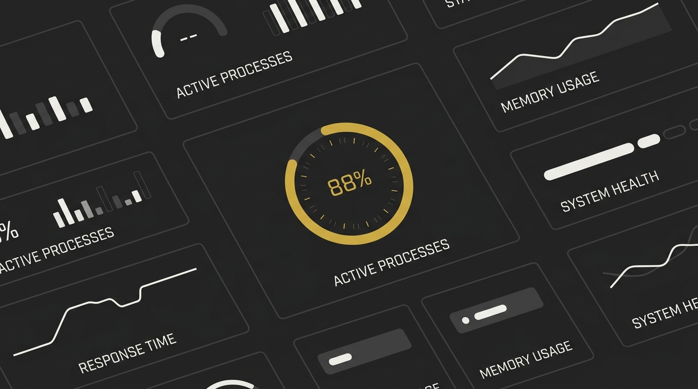 An abstract user interface mockup showing percentage gauges and structural layout divisions