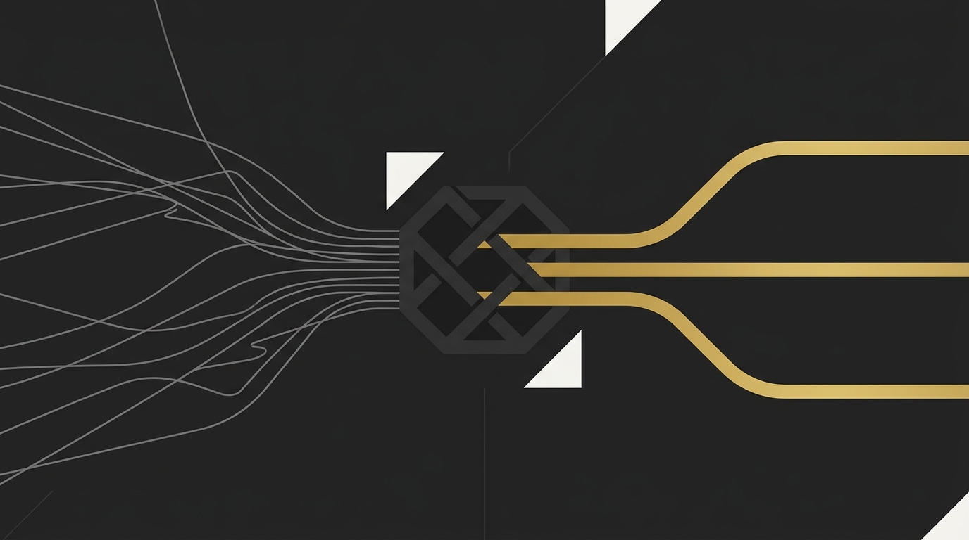 An abstract filter diagram with multiple grey lines entering a node and clean gold lines exiting.