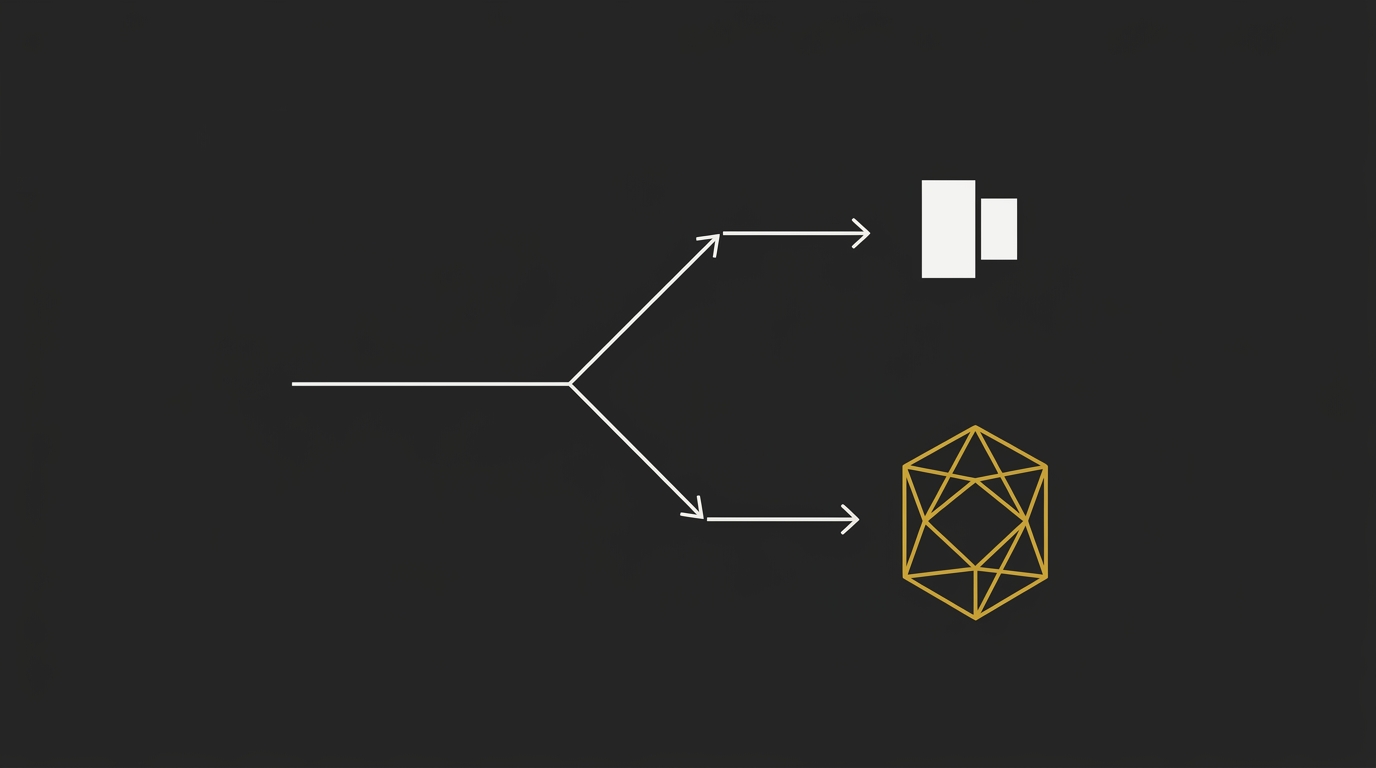 A single line splitting into two paths with geometric shapes in off-white and gold on dark gray.