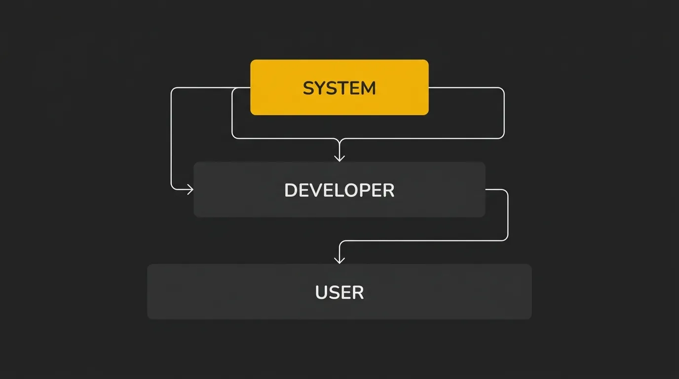 A comparison table diagram showing the hierarchical structure of System, Developer, and User prompts