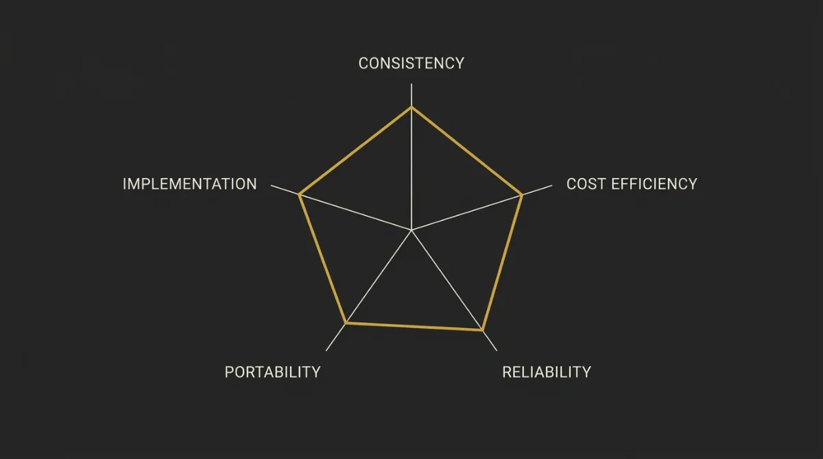 An abstract evaluation matrix visualization showing the five core criteria used to rate prompt engineering practices