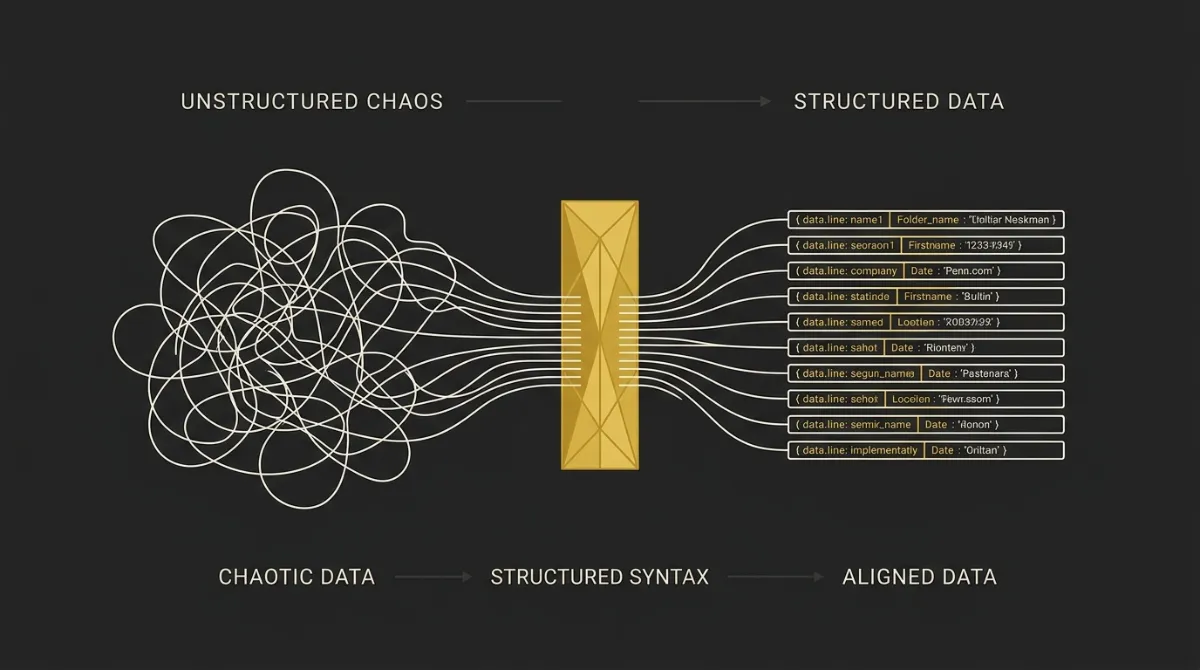 A comparative graphic demonstrating how unstructured inputs are filtered into structured code block formats