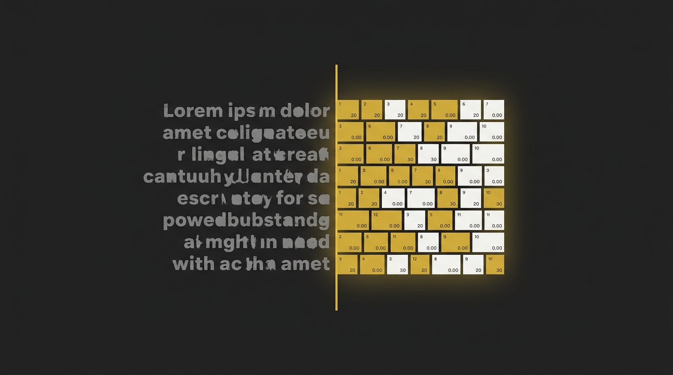 Abstract diagram showing textured blocks of text converting into golden geometric tokens through a dividing line.