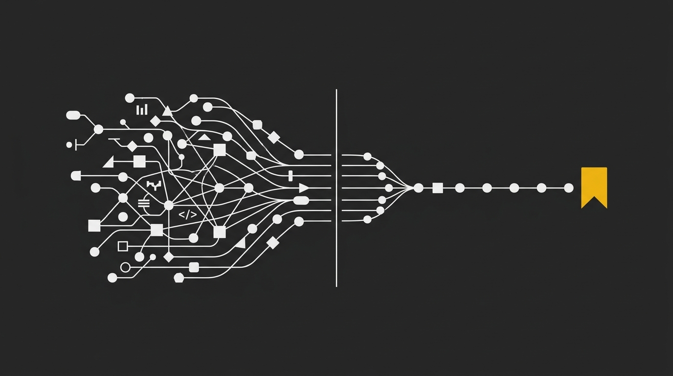 An abstract data flow filtering into a thin gold line marked by a bookmark shape.