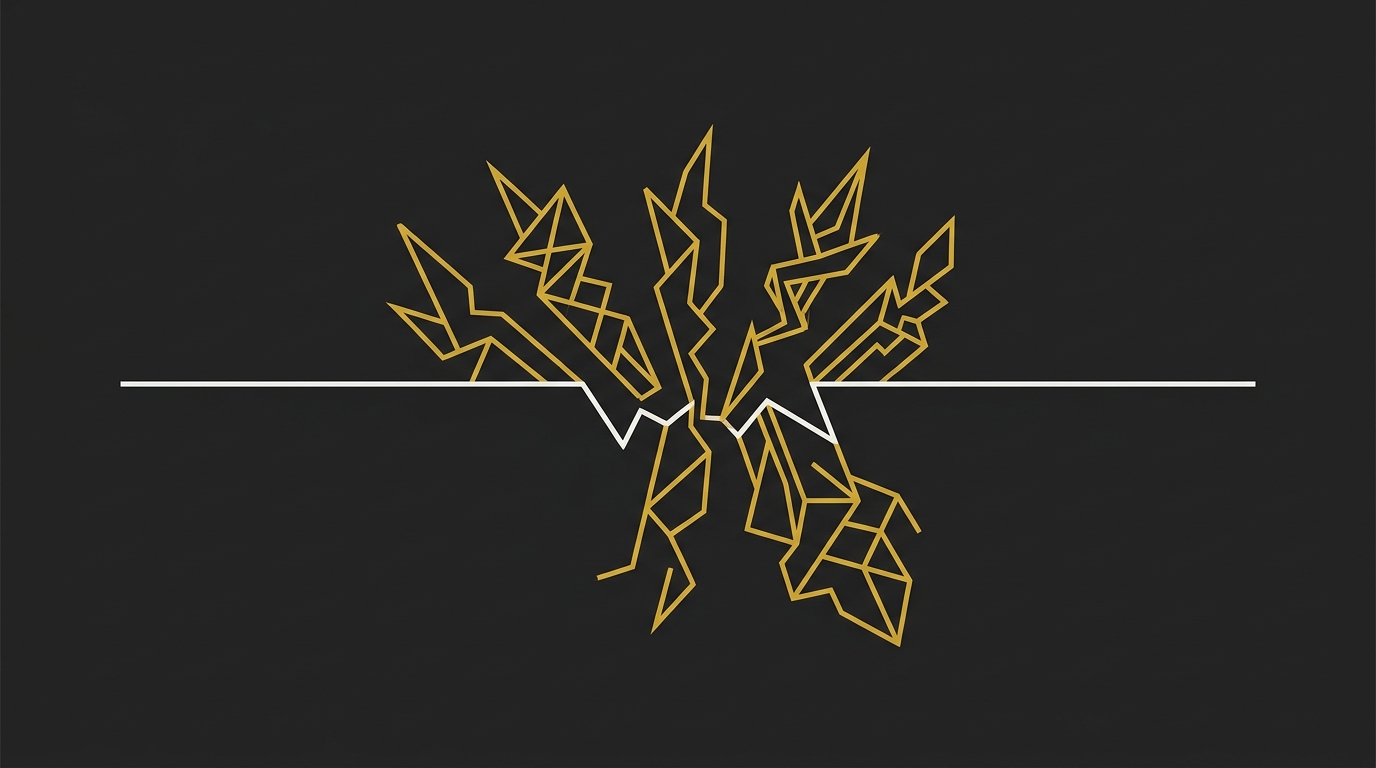 Abstract diagram of a straight horizontal white line splitting into five complex jagged gold geometric patterns.